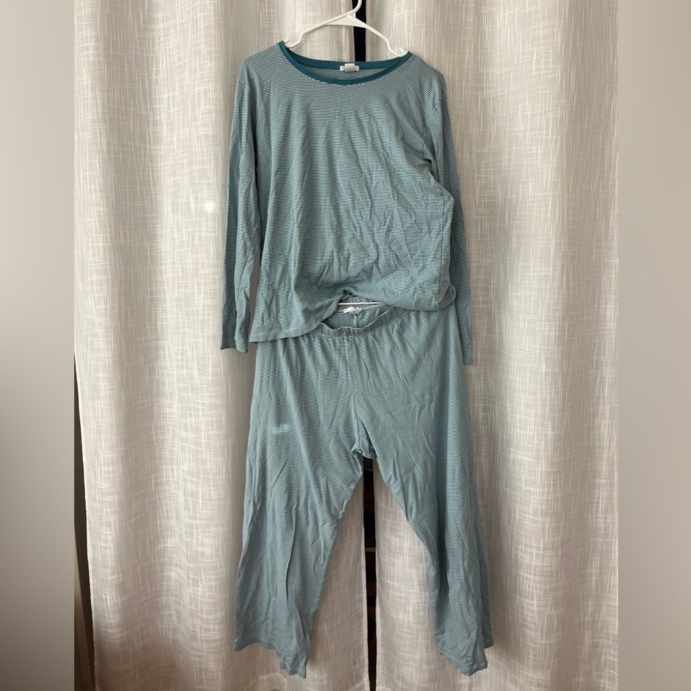 blue and white striped lake pajama set